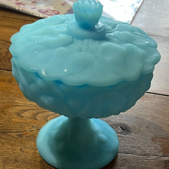 Fenton Azure Blue Floral Glass Compote - Picture 2 of 3